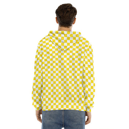 Yellow And White Checkered Pattern Print Men's Velvet Pullover Hoodie