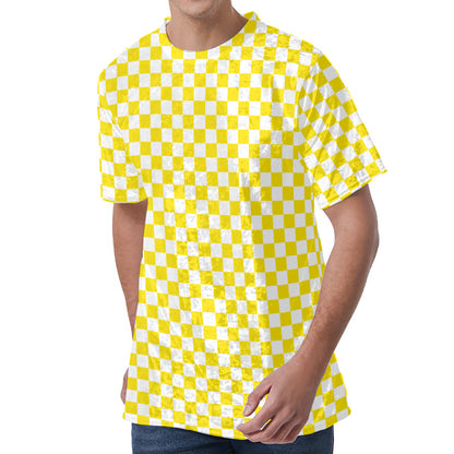 Yellow And White Checkered Pattern Print Men's Velvet T-Shirt