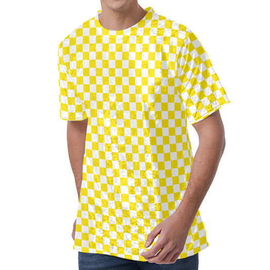 Yellow And White Checkered Pattern Print Men's Velvet T-Shirt