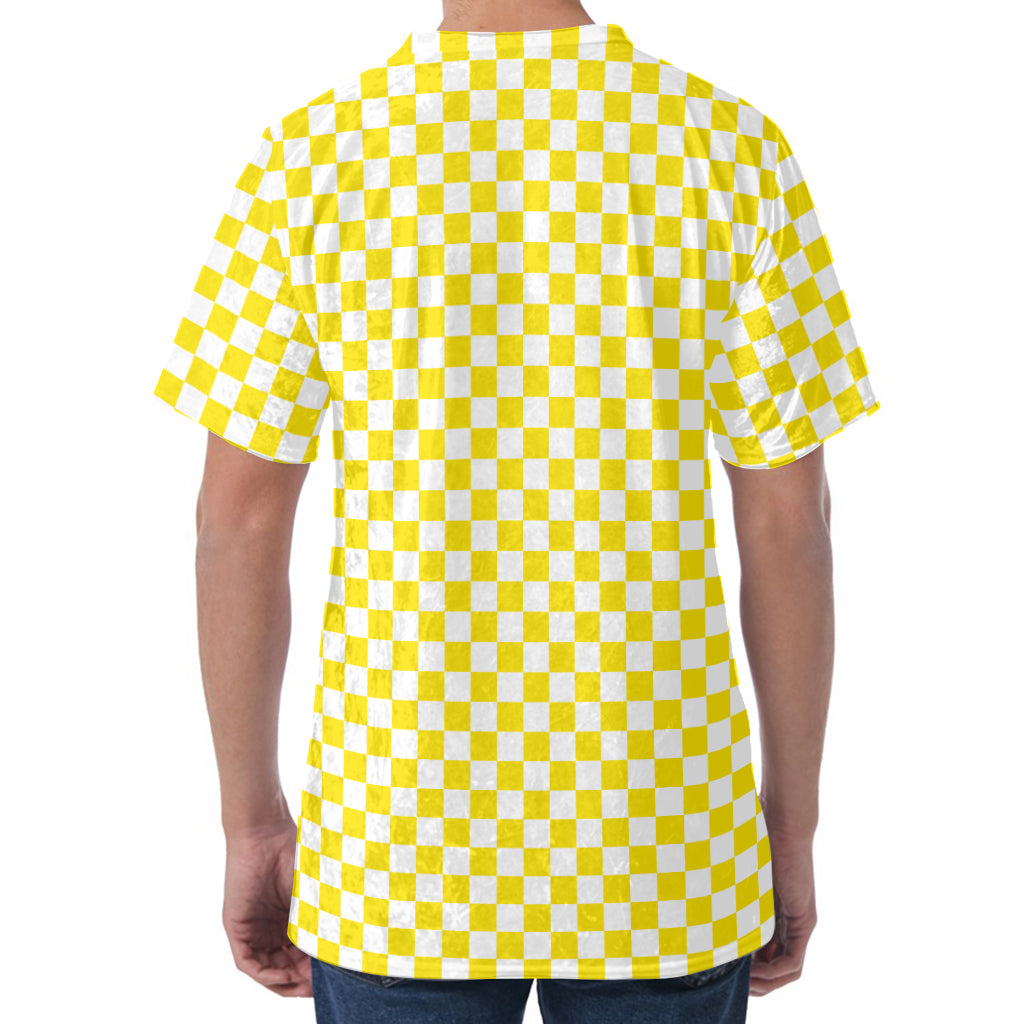 Yellow And White Checkered Pattern Print Men's Velvet T-Shirt