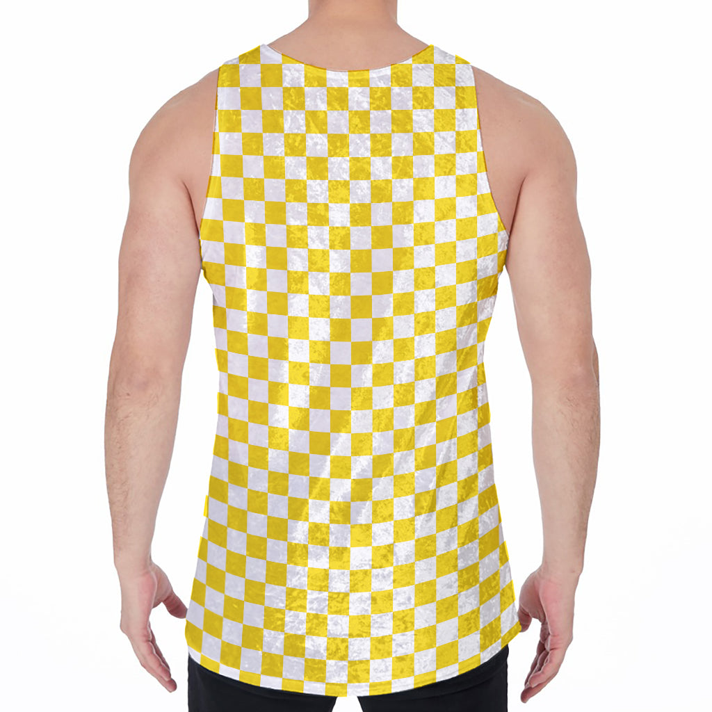 Yellow And White Checkered Pattern Print Men's Velvet Tank Top