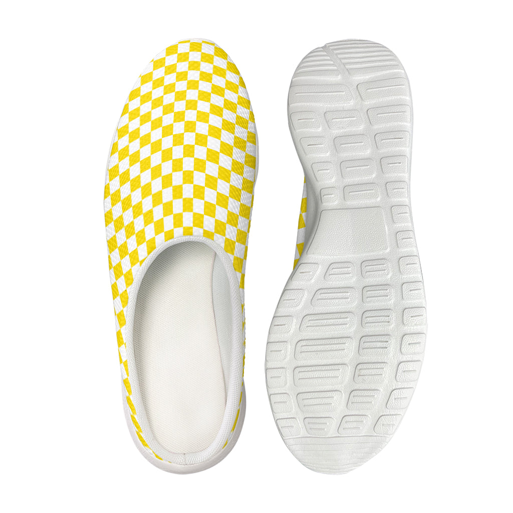 Yellow And White Checkered Pattern Print Mesh Casual Shoes
