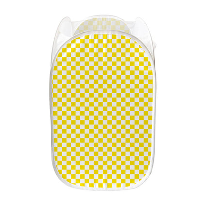Yellow And White Checkered Pattern Print Mesh Laundry Hamper