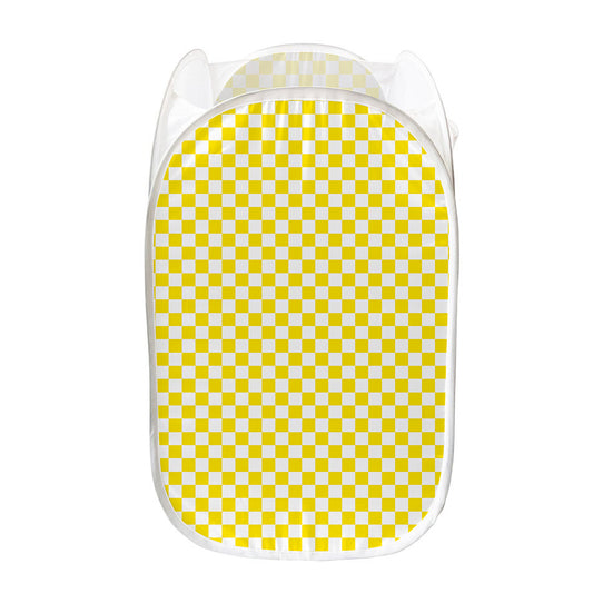 Yellow And White Checkered Pattern Print Mesh Laundry Hamper