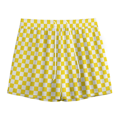 Yellow And White Checkered Pattern Print Mesh Shorts