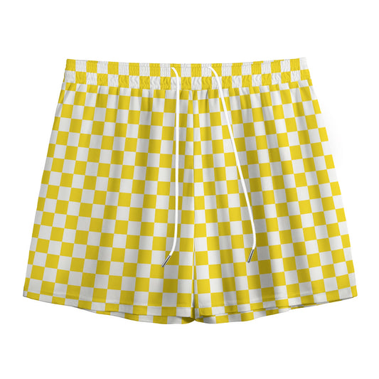 Yellow And White Checkered Pattern Print Mesh Shorts
