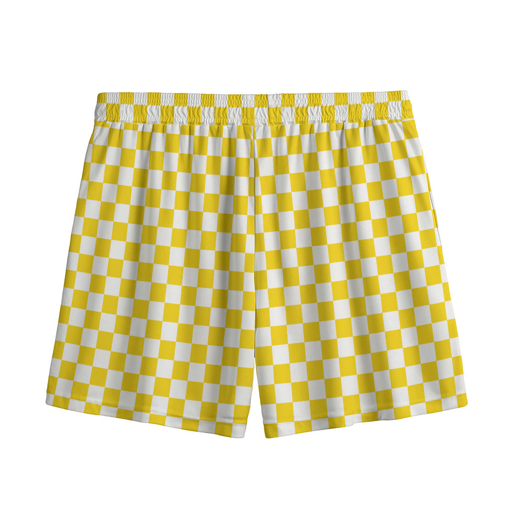 Yellow And White Checkered Pattern Print Mesh Shorts