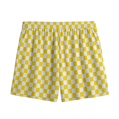Yellow And White Checkered Pattern Print Mesh Shorts
