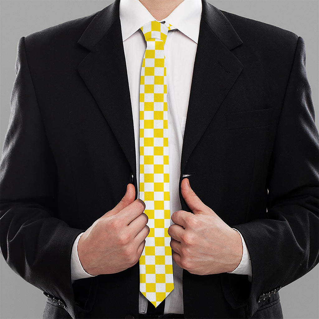 Yellow And White Checkered Pattern Print Necktie