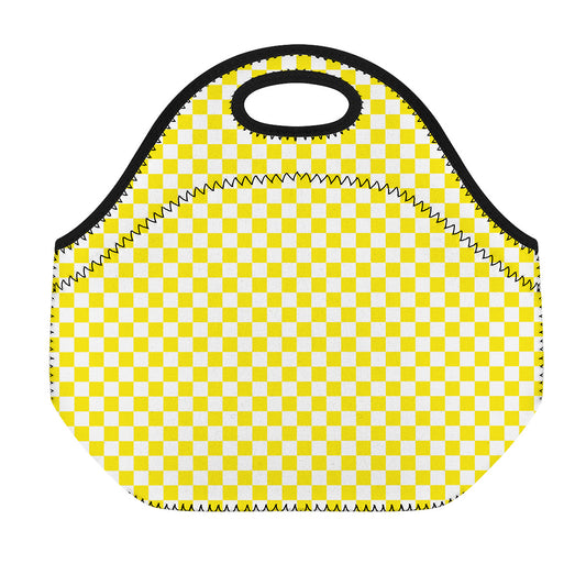 Yellow And White Checkered Pattern Print Neoprene Lunch Bag