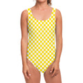Yellow And White Checkered Pattern Print One Piece Swimsuit