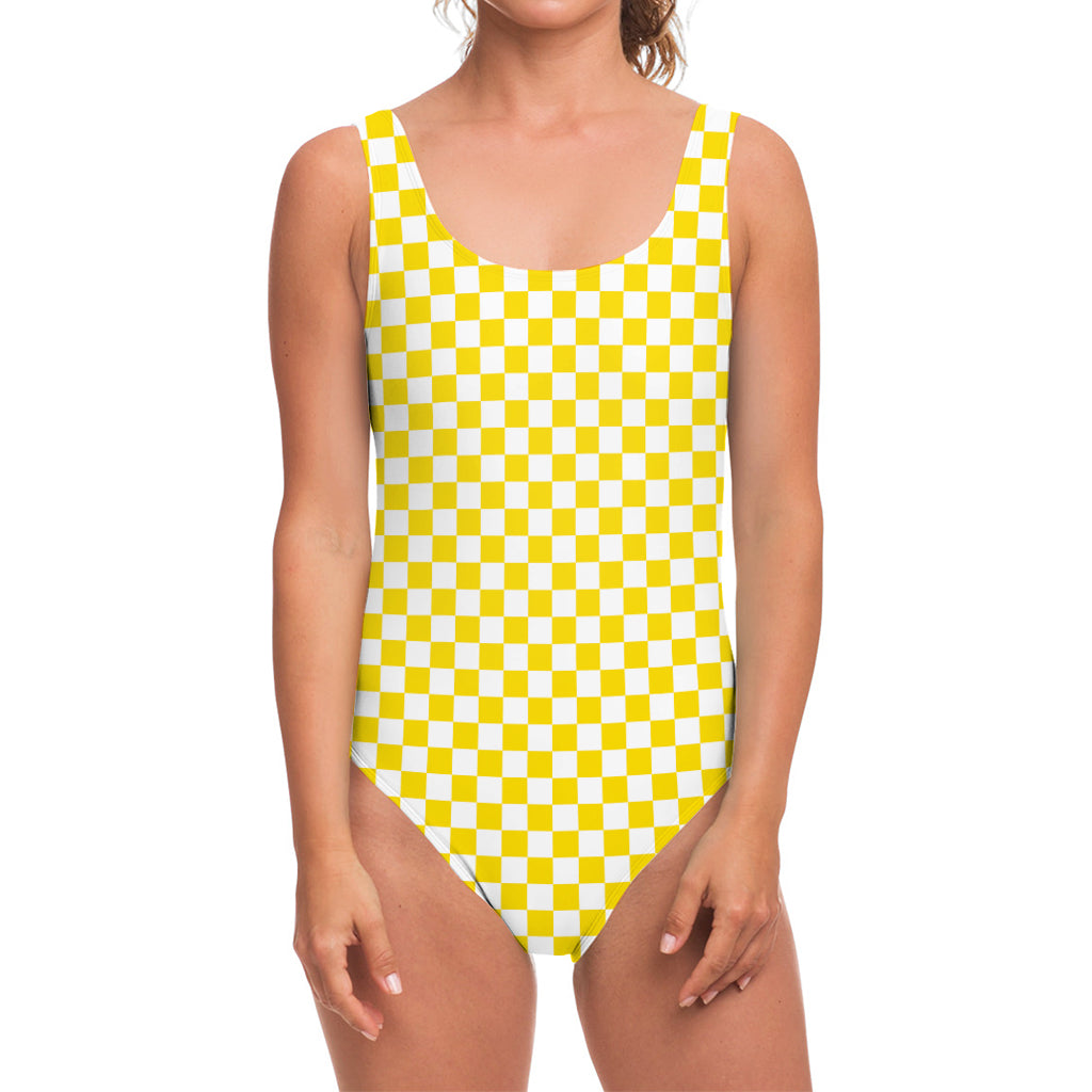 Yellow And White Checkered Pattern Print One Piece Swimsuit