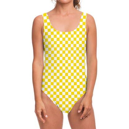 Yellow And White Checkered Pattern Print One Piece Swimsuit