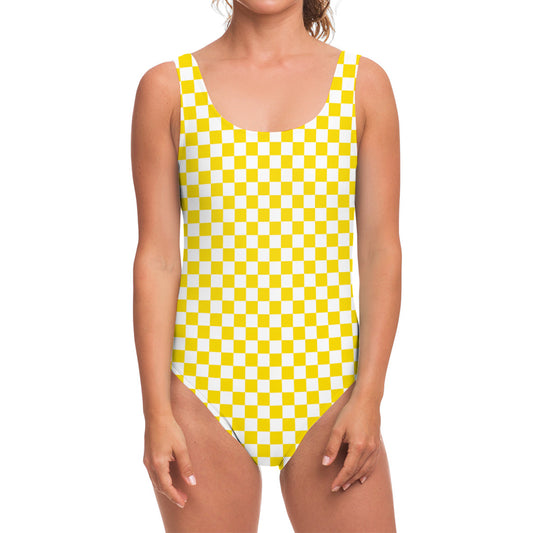 Yellow And White Checkered Pattern Print One Piece Swimsuit