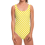 Yellow And White Checkered Pattern Print One Piece Swimsuit