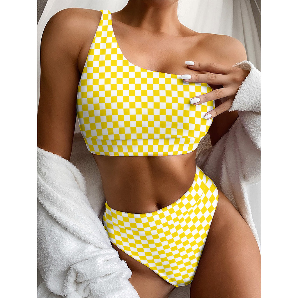 Yellow And White Checkered Pattern Print One Shoulder Bikini Top
