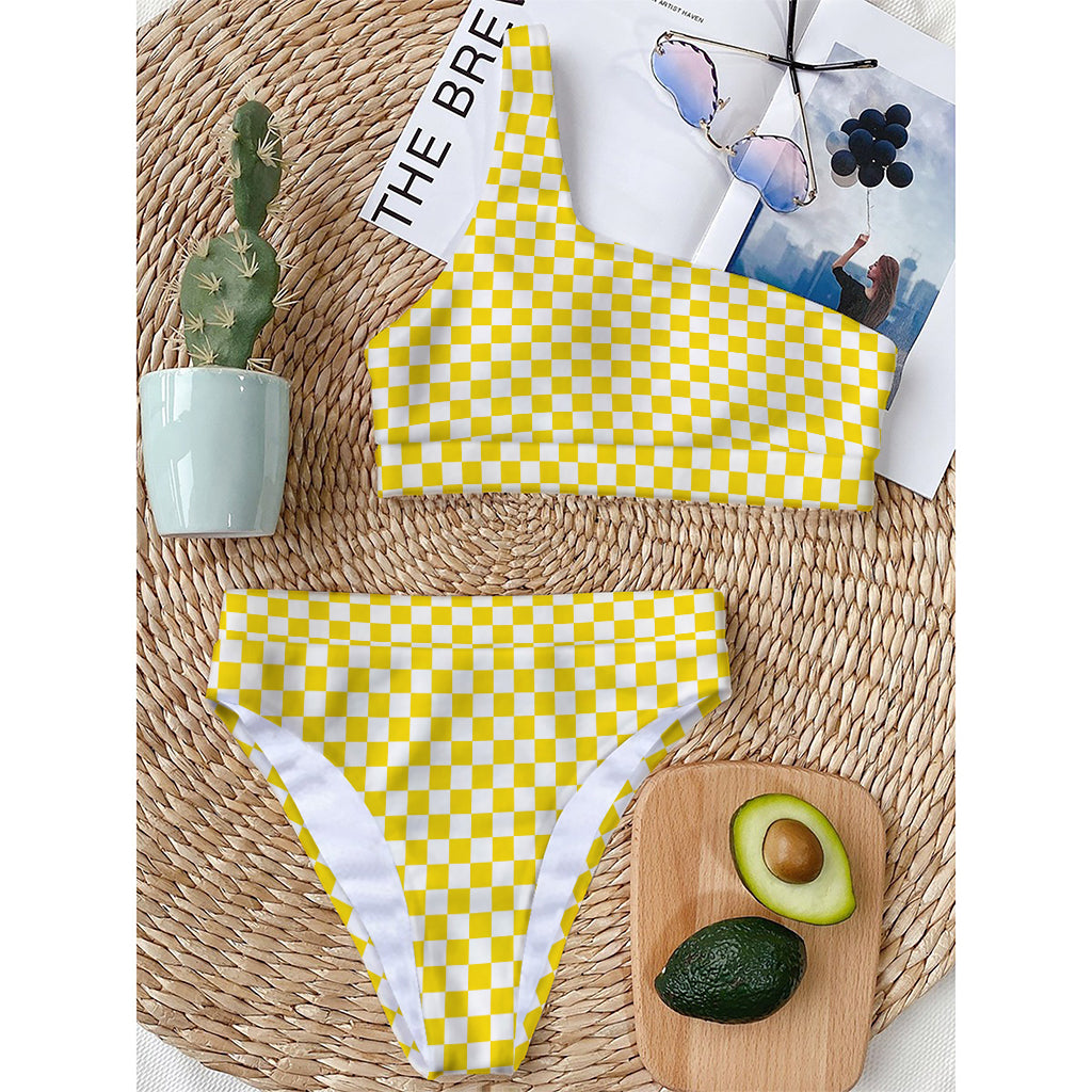 Yellow And White Checkered Pattern Print One Shoulder Bikini Top