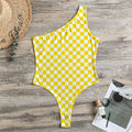 Yellow And White Checkered Pattern Print One Shoulder Bodysuit