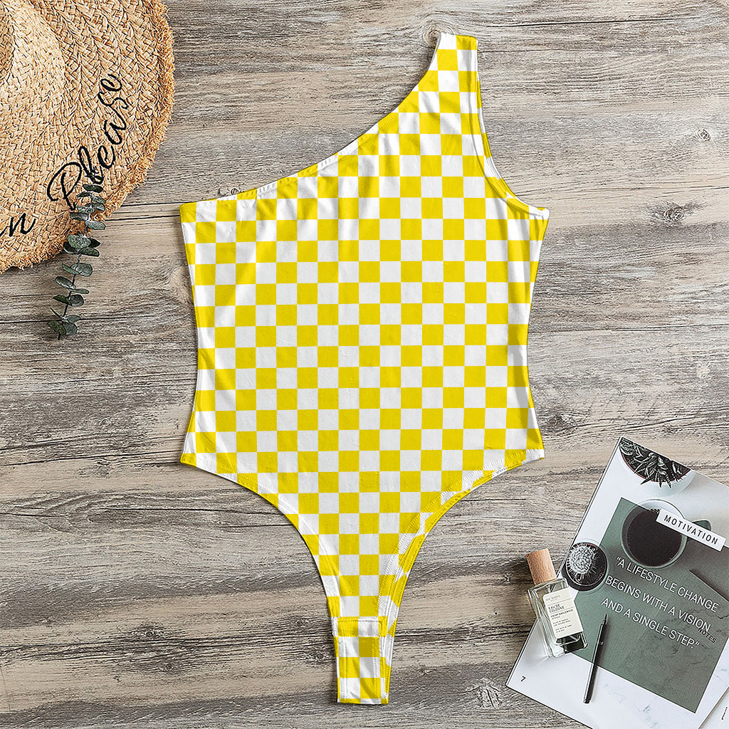 Yellow And White Checkered Pattern Print One Shoulder Bodysuit