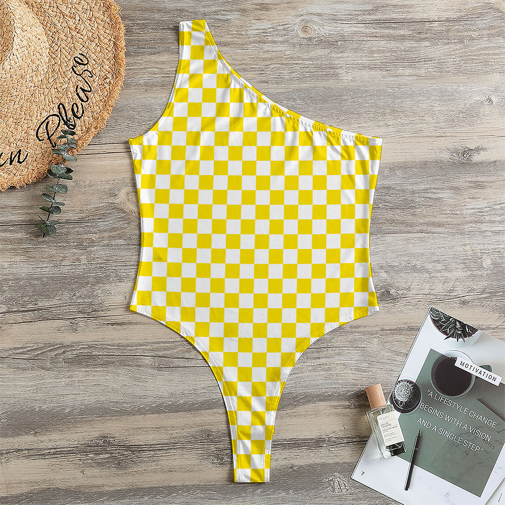 Yellow And White Checkered Pattern Print One Shoulder Bodysuit