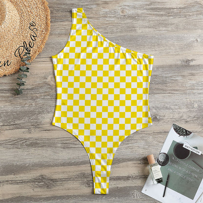 Yellow And White Checkered Pattern Print One Shoulder Bodysuit
