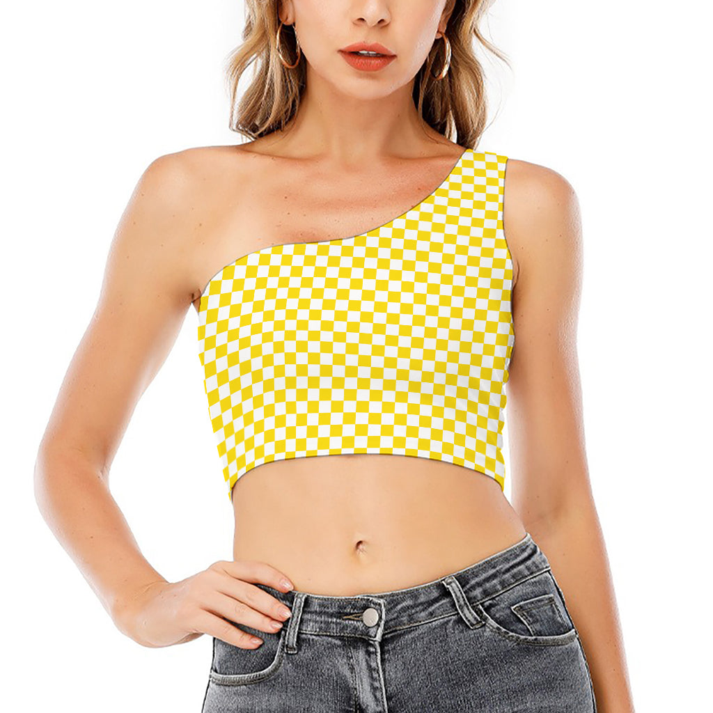 Yellow And White Checkered Pattern Print One Shoulder Crop Top