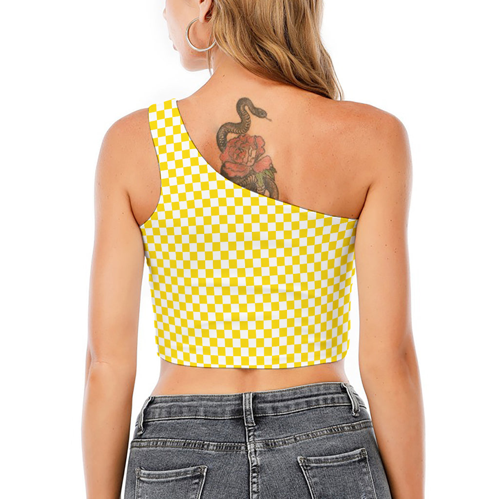 Yellow And White Checkered Pattern Print One Shoulder Crop Top