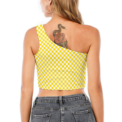 Yellow And White Checkered Pattern Print One Shoulder Crop Top
