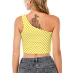 Yellow And White Checkered Pattern Print One Shoulder Crop Top
