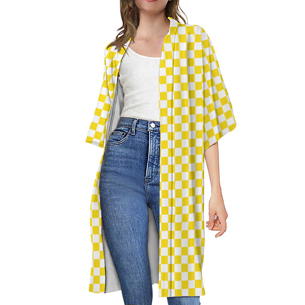 Yellow And White Checkered Pattern Print Open Front Beach Cover Up