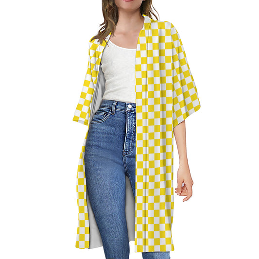 Yellow And White Checkered Pattern Print Open Front Beach Cover Up