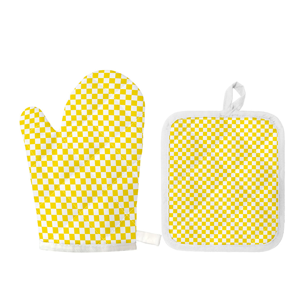 Yellow And White Checkered Pattern Print Oven Mitt And Pot Holder Set