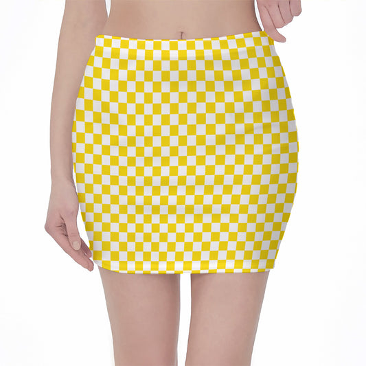Yellow And White Checkered Pattern Print Pencil Mini Skirt
