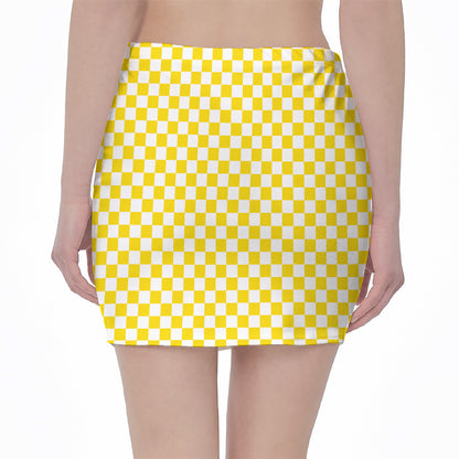 Yellow And White Checkered Pattern Print Pencil Mini Skirt