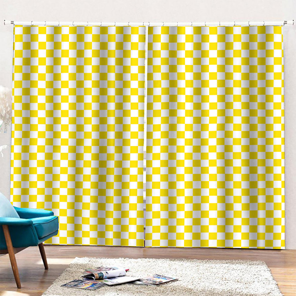 Yellow And White Checkered Pattern Print Pencil Pleat Curtains