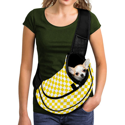 Yellow And White Checkered Pattern Print Pet Sling Carrier