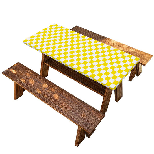 Yellow And White Checkered Pattern Print Picnic Table Cover