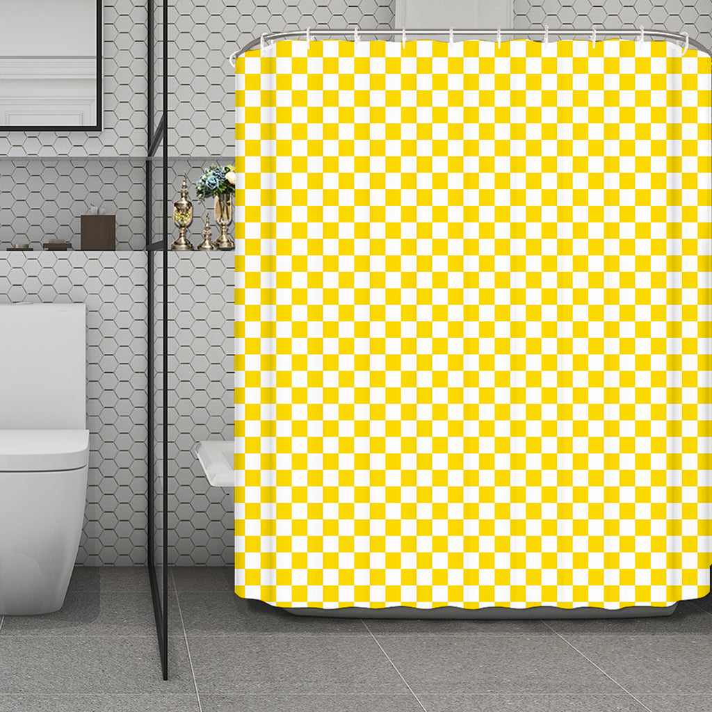 Yellow And White Checkered Pattern Print Polyester Shower Curtain