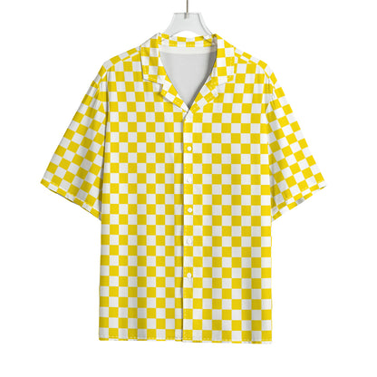 Yellow And White Checkered Pattern Print Rayon Hawaiian Shirt