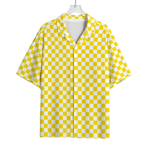 Yellow And White Checkered Pattern Print Rayon Hawaiian Shirt