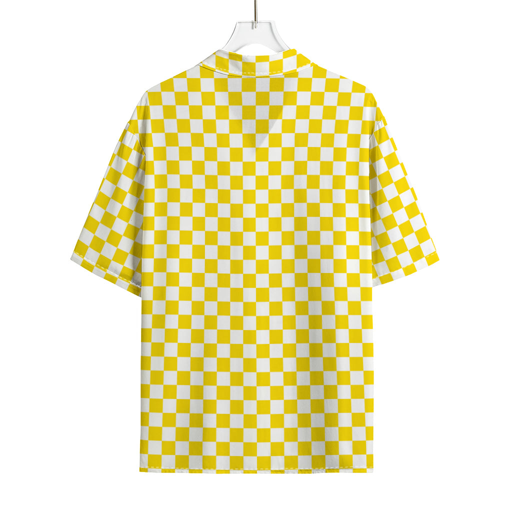 Yellow And White Checkered Pattern Print Rayon Hawaiian Shirt