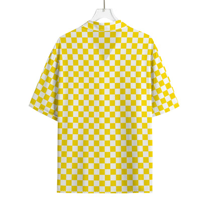 Yellow And White Checkered Pattern Print Rayon Hawaiian Shirt