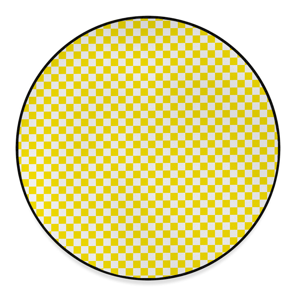 Yellow And White Checkered Pattern Print Round Floor Mat