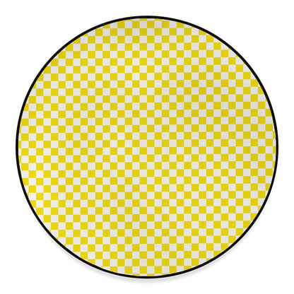 Yellow And White Checkered Pattern Print Round Floor Mat