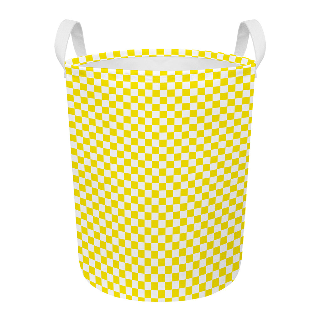 Yellow And White Checkered Pattern Print Round Laundry Basket