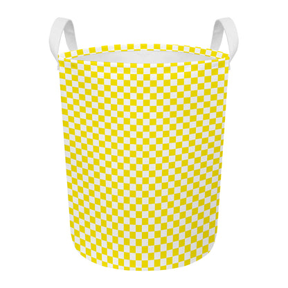 Yellow And White Checkered Pattern Print Round Laundry Basket