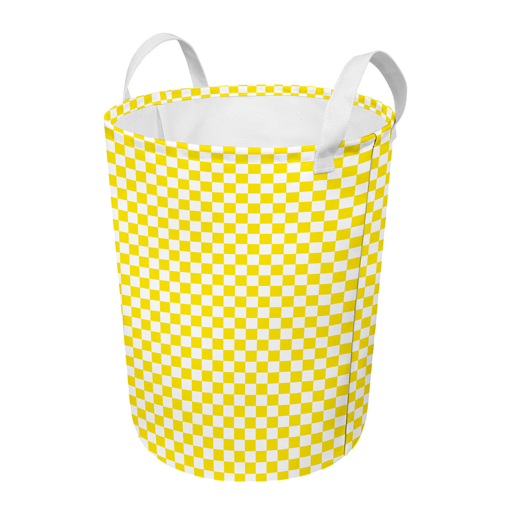 Yellow And White Checkered Pattern Print Round Laundry Basket