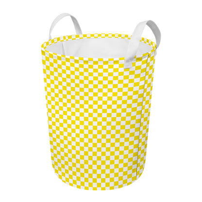 Yellow And White Checkered Pattern Print Round Laundry Basket