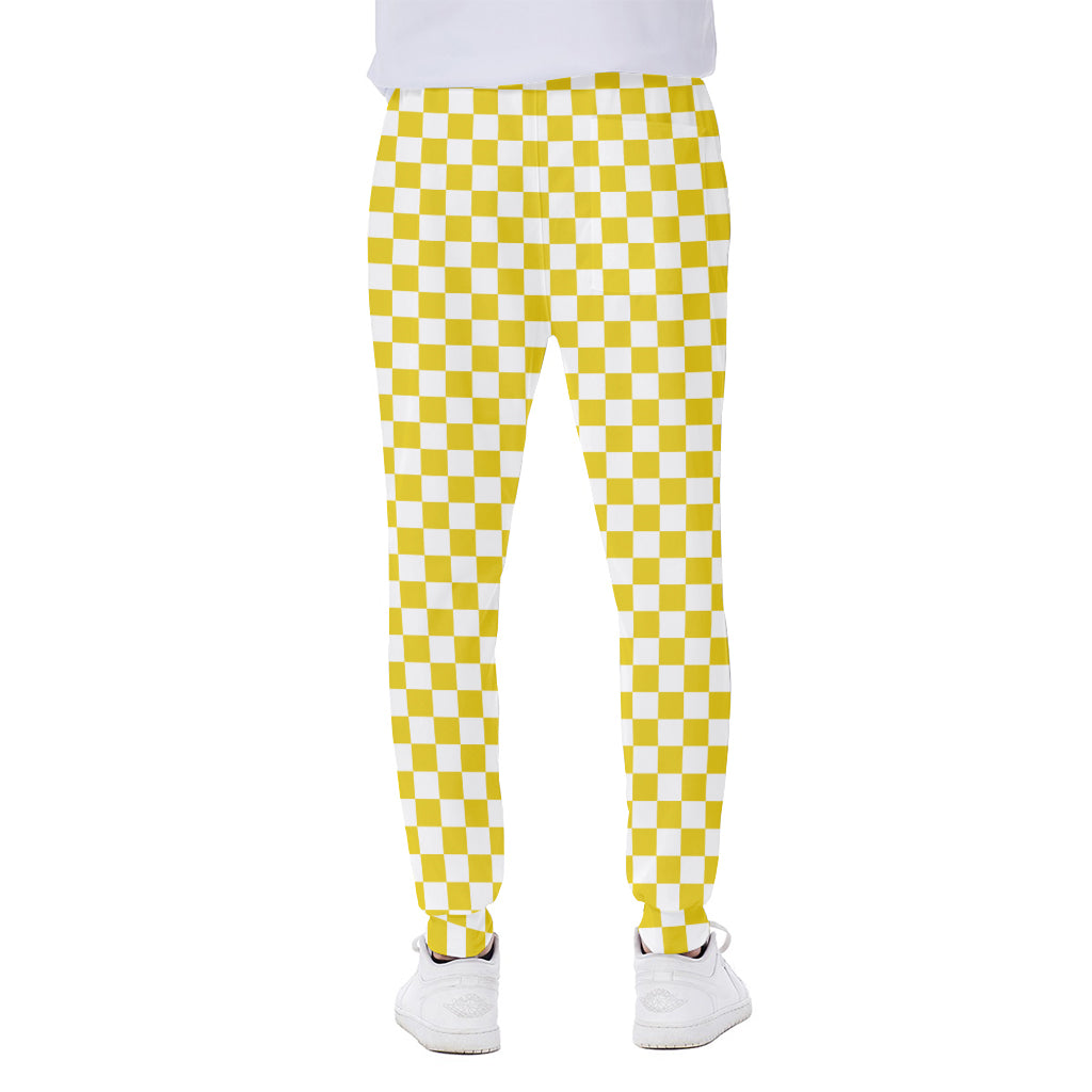 Yellow And White Checkered Pattern Print Scuba Joggers