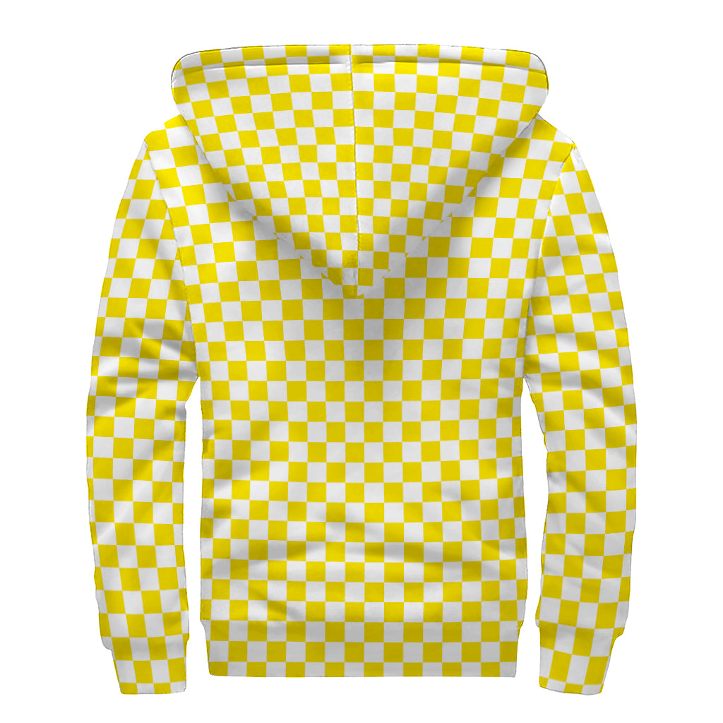 Yellow And White Checkered Pattern Print Sherpa Lined Zip Up Hoodie